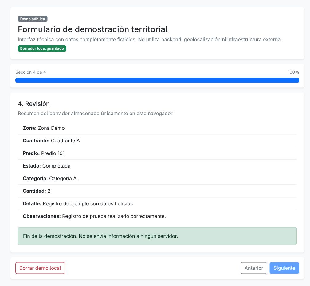 Sección 4 de 4 de la demo sanitizada: revisión de un registro ficticio y controles para volver a las secciones anteriores.