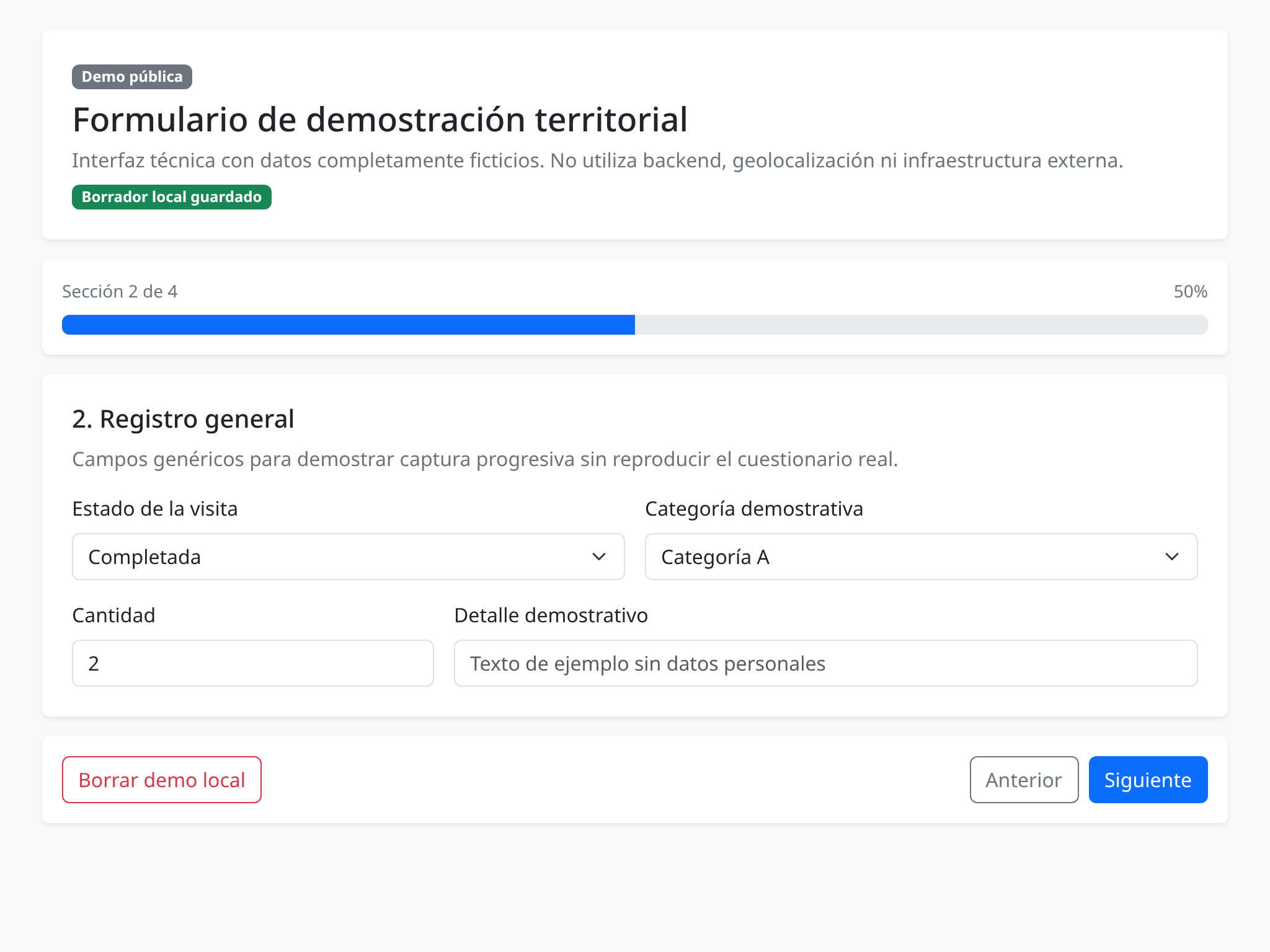 Captura del frontend de relevamiento territorial en su demo pública sanitizada y limitada.